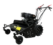 The Paddock Walk Behind Flail Mower 12HP - 900mm by Paddock is a heavy-duty, black gas-powered mower with large rear wheels, dual front casters, top-mounted engine, and handlebar controls for vegetation control, shown on a white background.