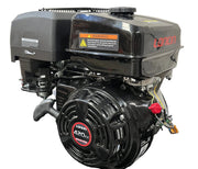 A black Paddock Walk Behind Flail Mower 12HP (900mm), featuring a 420cc gasoline engine with pull start, labeled fuel tank, and visible components—ideal for effective vegetation control—shown on a white background.