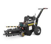 The Paddock Walk Behind Trencher with Guide Wheel is a portable black trencher by Paddock, featuring large rear wheels, a front digging chain, handlebar controls, and is ideal for easily cutting narrow trenches in the ground.