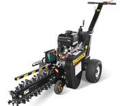 The Paddock Walk Behind Trencher with Guide Wheel by Paddock features black and yellow colors, a Briggs & Stratton engine, large wheels, and a long rotating blade for cutting trenches. Shown on a white background.