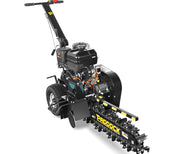 The Paddock Walk Behind Trencher with Guide Wheel features large rear wheels, a Briggs & Stratton engine, and a long digging chain—ideal for creating trenches in soil as a portable solution.