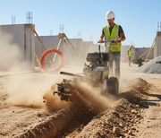 A construction worker in a hard hat and safety vest uses a Paddock Walk Behind Trencher with Guide Wheel to dig a narrow trench at a dusty construction site, with building frames and materials visible in the background.