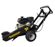 The Paddock Commercial Stump Grinder by Paddock features a black and yellow design, large wheels, a Briggs & Stratton engine, and a sturdy maneuvering handle. Built for efficient stump removal, it offers a robust industrial look.
