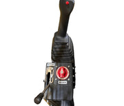 A close-up of the black control panel from the Paddock Tracked Cabin Loader Pro (40hp Perkins Turbo Diesel Engine - Ex Demo), featuring a large joystick, red main switch, Throttle Gear lever, and multiple labeled buttons, isolated on white.