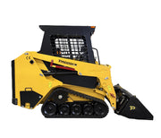 A side-view of the Paddock Tracked Cabin Loader Pro—yellow and black, with a protective cab, front bucket attachment, and visible tracks—features a 40hp Perkins Turbo Diesel Engine. Ex Demo; built for demanding construction needs.