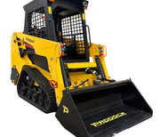 A yellow and black Paddock Tracked Cabin Loader Pro (Ex Demo) with a 40hp Perkins turbo diesel engine is shown with front bucket, rubber tracks, safety cage, and Paddock branding on the bucket and side, set against a white background.