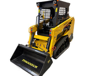 The Paddock Tracked Cabin Loader Pro, featuring a 40hp Perkins turbo diesel engine and protective cab, is shown with a front bucket attachment on a white background—ideal construction equipment for tough jobs.