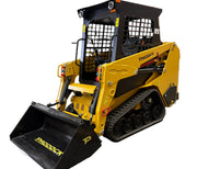 The Paddock Tracked Cabin Loader Pro, featuring a yellow and black design, front bucket, safety cage, visible Paddock branding, and a 40hp Perkins turbo diesel engine, is shown on a white background. Ex Demo model.