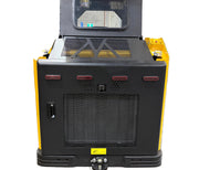 Rear view of the Paddock Tracked Cabin Loader Pro with a 40hp Perkins turbo diesel engine—features yellow tracks, black vented engine cover, red lights, tow hitch, and open rear window. Ex Demo from Paddock—ideal for tough construction jobs.