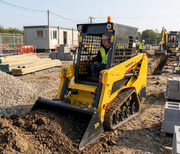 A construction worker operates a Paddock Tracked Cabin Loader Pro with a 40hp Perkins turbo diesel engine to move soil on a site. Building materials, a portable office, another worker, and an excavator are also visible among the equipment.