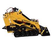 A yellow Paddock Tracked Mini Loader Pro from Scintex, featuring a diesel engine, black tracks, and a front bucket attachment, stands out against a white background. With its control levers and red handrail, this compact machine is perfect for construction companies.