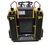The Scintex Paddock Tracked Mini Loader Pro, featuring a yellow and black design with control handles, safety labels, and dual large black panels showcasing a yellow P logo, is perfect for construction companies. The base includes a metal platform with a gridded surface typically found in diesel engine loaders.