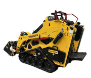 A yellow and black compact tracked loader from Scintex, the Paddock Tracked Mini Loader Pro features a diesel engine, scooping attachment, rubber tracks, and control handles. Ideal for construction or landscaping tasks with compatible attachments.