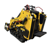 The Paddock Tracked Mini Loader Pro, by Scintex, features a robust design and comes in yellow with black tracks and hydraulic arms. This diesel engine loader is ideal for versatile tasks and includes control levers, safety rails, and compatibility with various attachments.