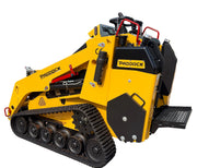 The Paddock™ Tracked Mini Loader Pro, featuring a 58hp Yanmar 4-cylinder turbo diesel engine, is shown in yellow with black rubber tracks, control levers, and a step platform. Branded by Paddock, this versatile mini loader is essential construction equipment for tight spaces. Presented on a white background, it highlights the advanced capabilities of modern tracked loaders.