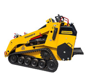 Featuring a vibrant yellow design and prominent Paddock branding, the Paddock™ Tracked Mini Loader Pro boasts powerful hydraulic arms and intuitive control levers. Equipped with a robust 58hp Yanmar 4-cylinder turbo diesel engine, this versatile mini skid steer loader is expertly engineered for landscaping and building tasks on any construction site.