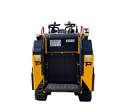 A compact yellow and black Paddock™ Tracked Mini Loader Pro, viewed from the rear, features dual control levers, visible warning labels, and clearly marked HYD and FUEL compartments. The standing platform has a textured surface, highlighting the essential construction equipment features of this 58hp Yanmar 4cyl Turbo Diesel Engine model from Paddock.