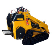 The Paddock™ Tracked Mini Loader Pro, featuring a powerful 58hp Yanmar 4-cylinder turbo diesel engine, is equipped with black rubber tracks, a control panel, safety rails, and a mounted fire extinguisher. Photographed against a white background, this yellow Paddock mini loader highlights its robust yet compact design—ideal for demanding construction worksites.