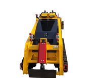 The Paddock™ Tracked Mini Loader Pro featuring a 58hp Yanmar 4-cylinder turbo diesel engine is shown from the front, highlighting its distinct yellow body, durable black tracks, red handle, and easy-access control levers. This versatile compact construction equipment by Paddock boasts a sleek design that stands out crisply against the white background, clearly showcasing every detail.