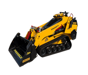 A yellow Paddock™ Tracked Mini Loader Elite featuring black rubber tracks and a front bucket attachment is ideal for construction and landscaping tasks. Powered by a 58hp Yanmar 2.1L 4-cylinder CRDi turbo diesel engine, this compact loader delivers exceptional power and efficiency on any job site.
