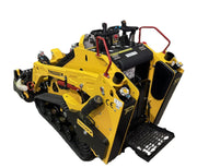 The Paddock Tracked Mini Loader Pro - Diesel Engine by Paddock is a yellow tracked mini skid steer with black and red accents, control handles, foot platform, and heavy-duty features for construction or landscaping tasks.
