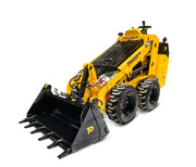 A Paddock Wheeled Loader in yellow, equipped with a diesel engine and black wheels, features a front attachment bucket. This mini loader is set against a white background, showcasing Scintex branding on its side.
