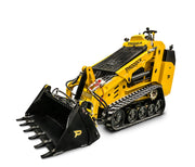 A Scintex Paddock Tracked Mini Loader with a diesel engine, front bucket, and rubber tracks is shown on a white background, highlighting hydraulic components and strong attachment compatibility.